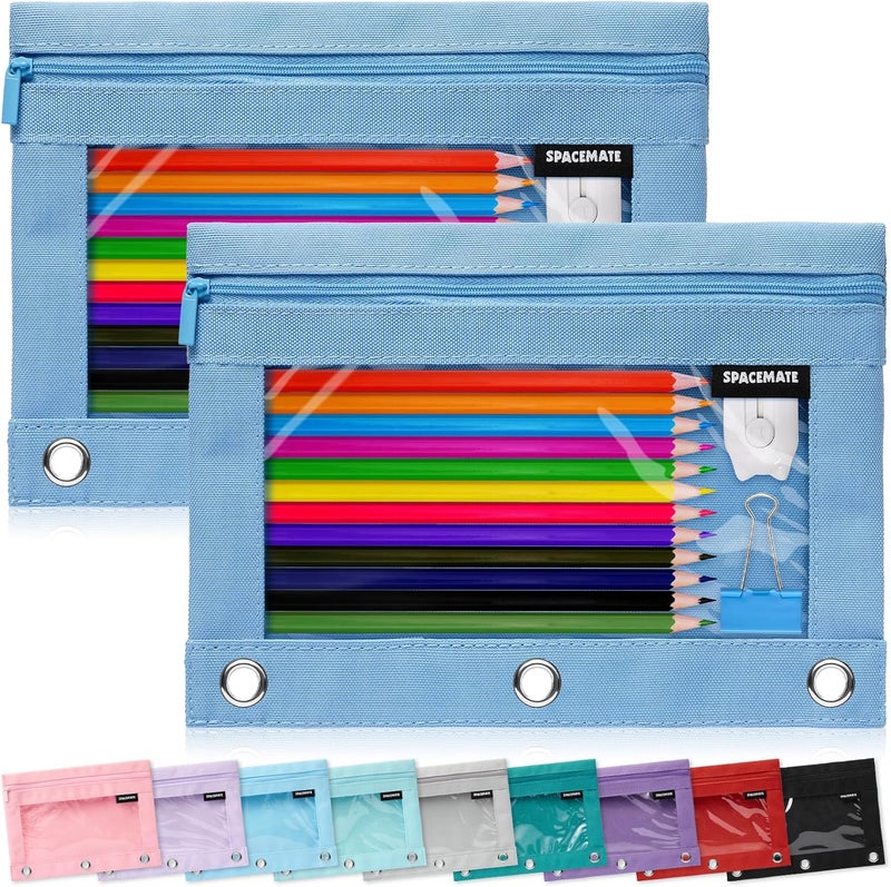 SPACEMATE 2 Pack Binder Pencil Pouch Case Box Bag for 3 Ring Binder School Supplies Girls Boys Kids, Clear Preppy Stuff Large Aesthetic Pen Organizer, Back to College Stationary, Cornflower Blue - Image 1